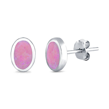 Solitaire Oval Stud Earrings Lab Created Pink Opal 925 Sterling Silver